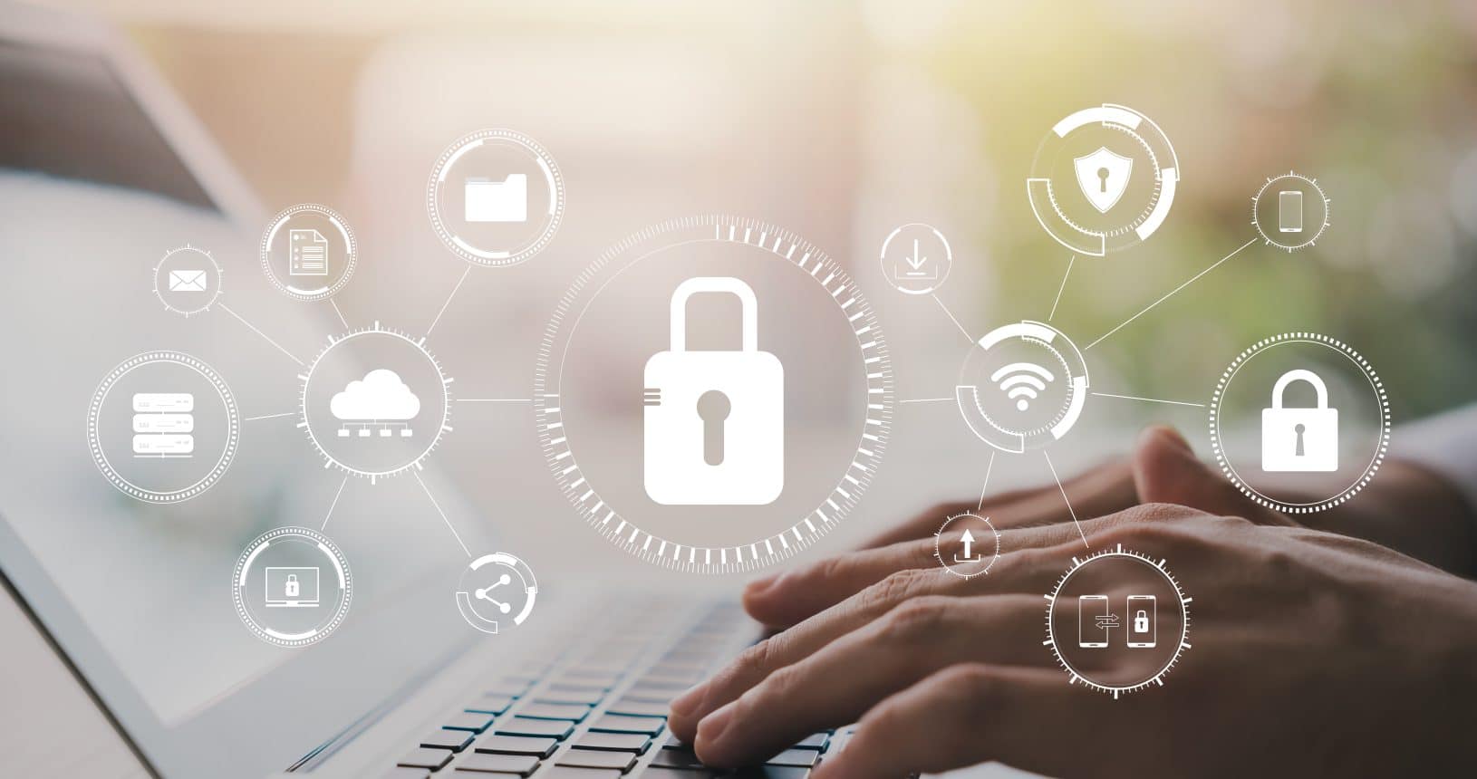 Konzept für Cybersicherheit, Internet und Netzwerke. Informationssicherheit und Verschlüsselung, sicherer Zugriff auf personenbezogene Daten der Nutzer, sicherer Internetzugang, Cybersicherheit.